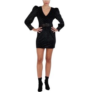 BCBGMAXAZRIA Velvet Puff Long Sleeve Deep V Neck Detachable‎ Belt Cocktail Dress